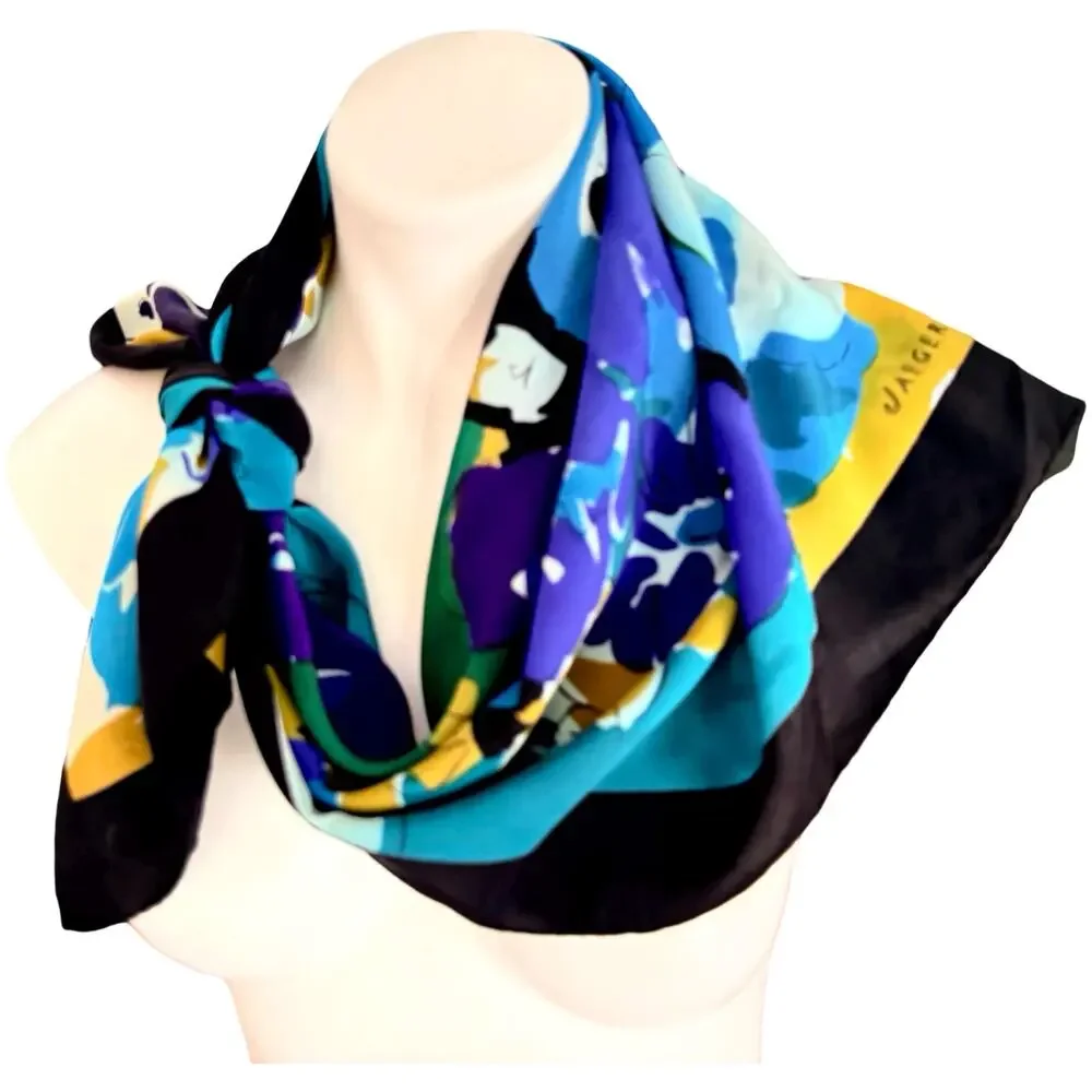 Jaeger 1980s Silk Scarf Blue Purple Abstract Floral 33x35 Made in Italy